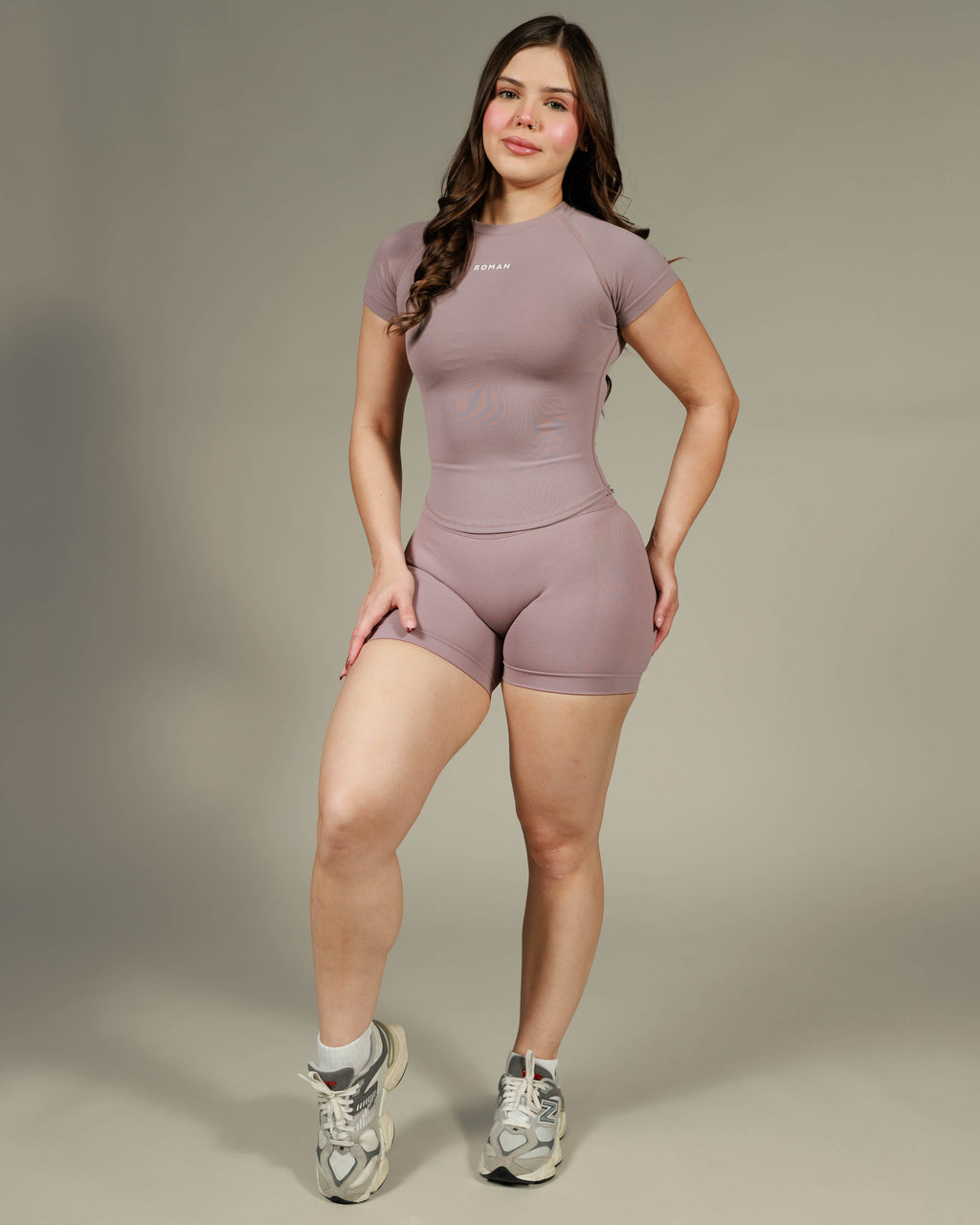 Stone Fitted Top and Shorts Dusty Mauve full look